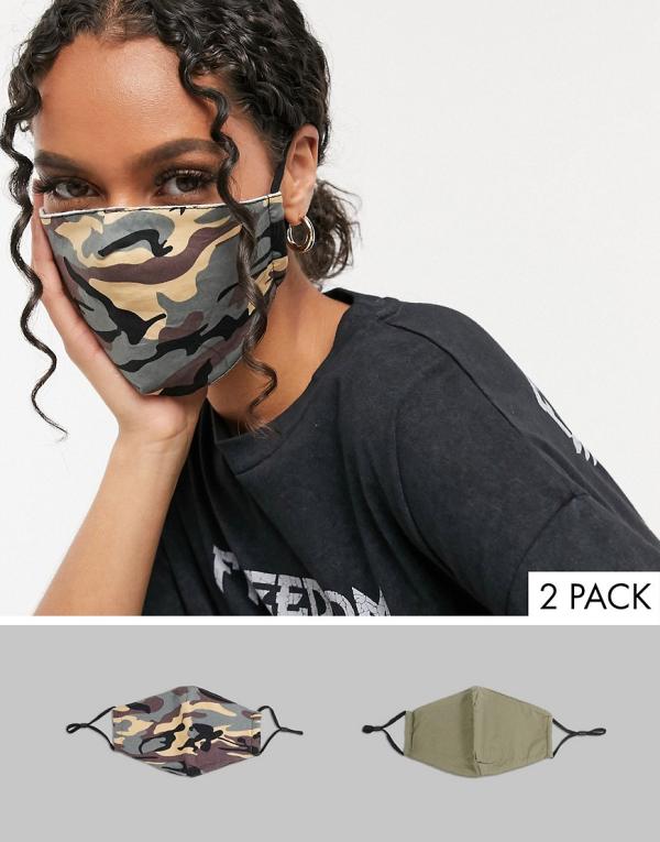 DesignB London 2 pack face covering with adjustable straps in camo and khaki-Multi