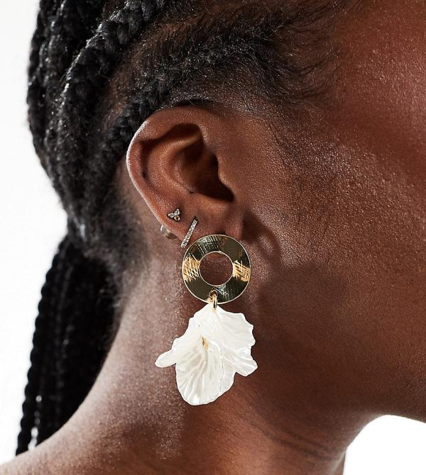 DesignB London textured drop earrings with faux shell petals in gold