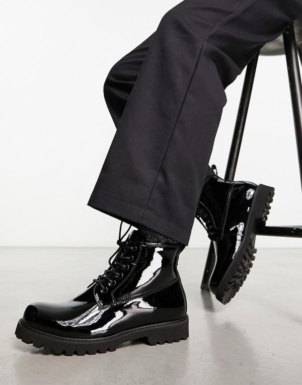 Devil's Advocate chunky patent leather lace up boots in black