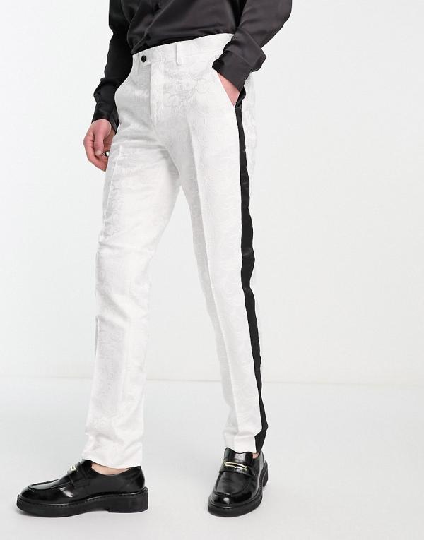 Devil's Advocate skinny fit lace tuxedo suit pants in white with contrasting panel