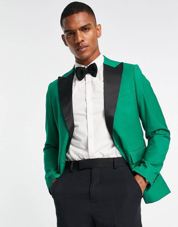 Devil's Advocate skinny suit jacket in green with black lapel
