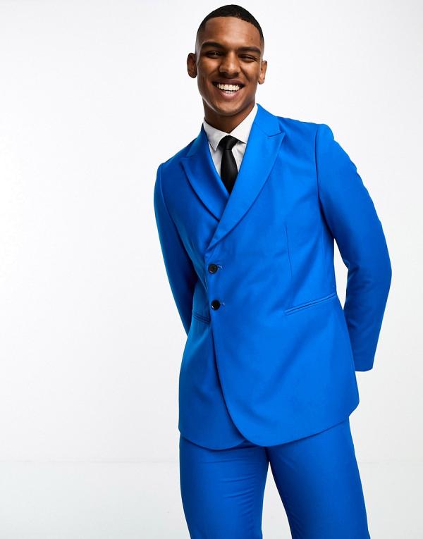 Devil's Advocate slim fit royal blue double breasted peak lapel suit jacket