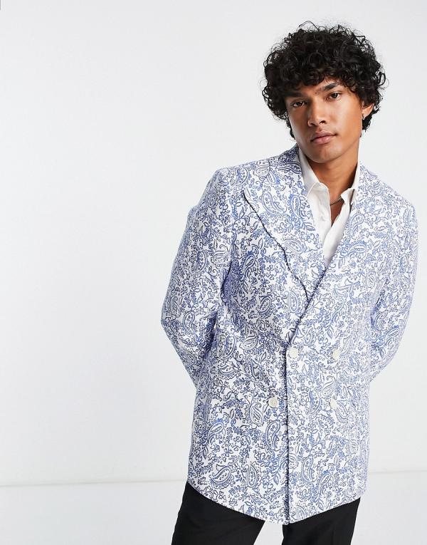 Devil's Advocate super skinny suit jacket with scallop lapel in blue paisley