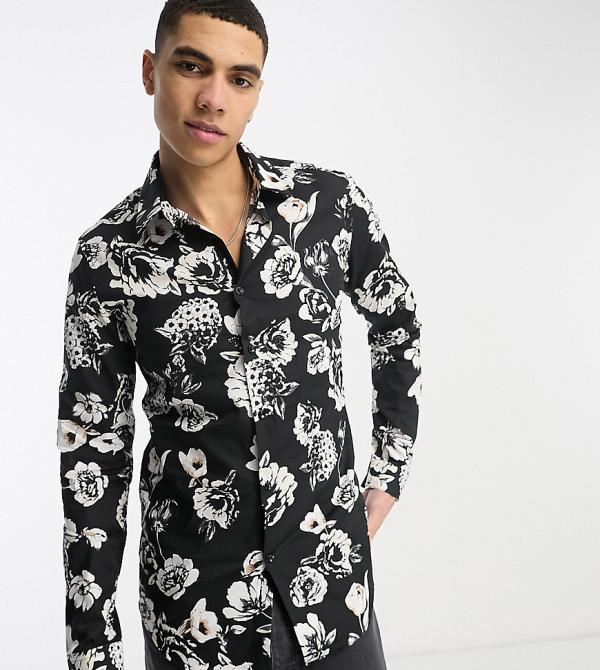 Devil's Advocate Tall slim fit long sleeve floral shirt in black and white