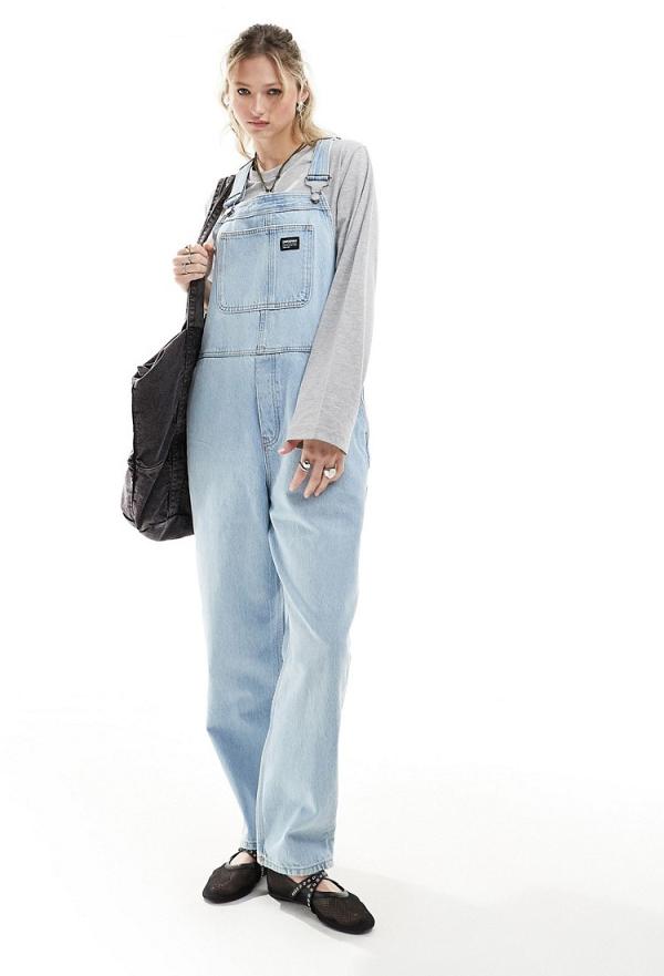 Dr Denim Lydia relaxed fit wide leg denim dungarees in stream light worn wash-Blue