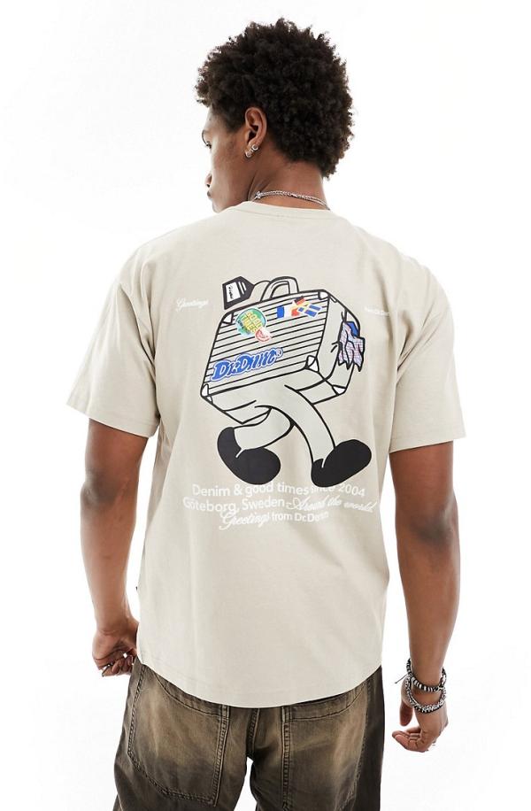 Dr Denim Trooper American 90s cut relaxed fit t-shirt with 'world traveller' graphic back print in pale taupe-Neutral