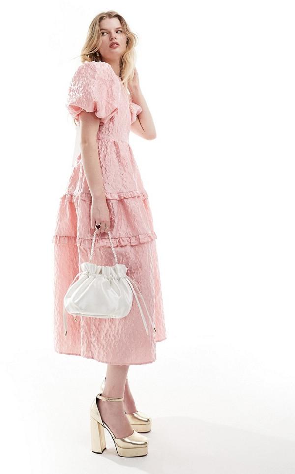 Dream Sister Jane bow back jacquard midaxi dress in pink