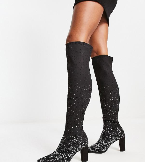 Dune London Wide Fit pointed toe heeled knee boots in black
