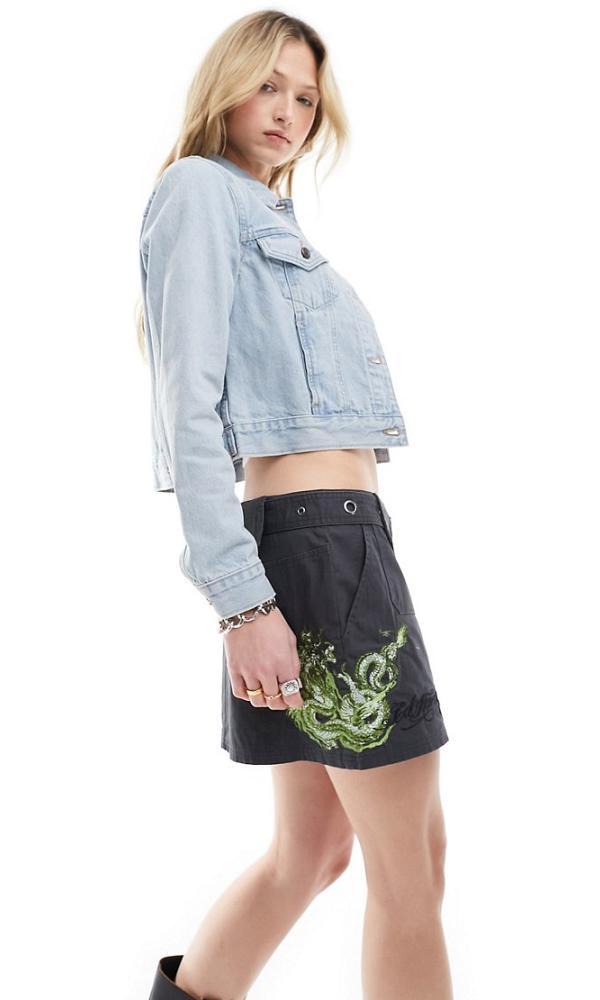 Ed Hardy micro twill cargo skirt with green dragon embroidery-Black