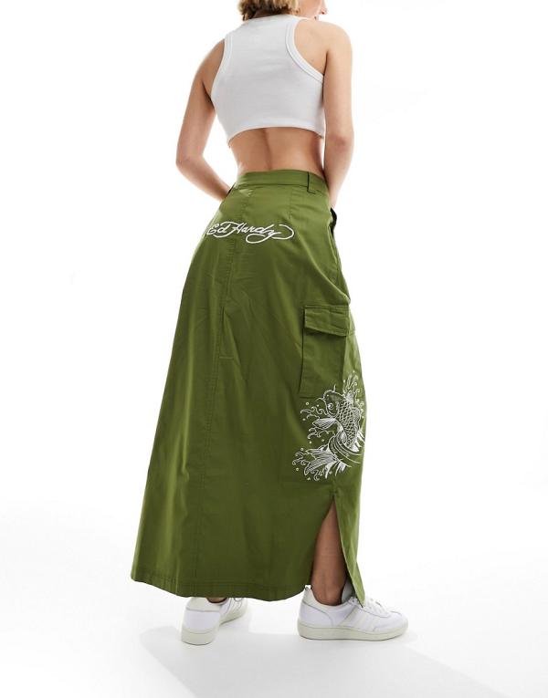 Ed Hardy midi cargo skirt with koi wave embroidery-Green