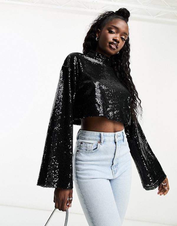 Edited wide sleeve crop top in black sequin (part of a set)