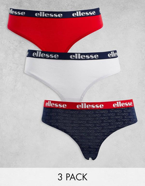 ellesse 3 pack of lingerie thongs with logo waistband in navy, white and red