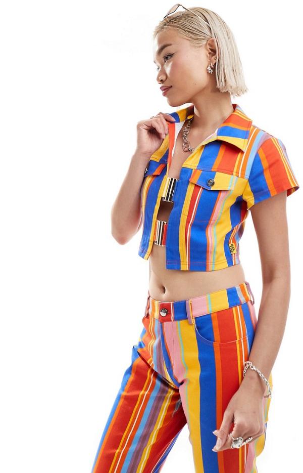 Elsie & Fred buckle front collar detail crop top in 70s stripe (part of a set)-Multi