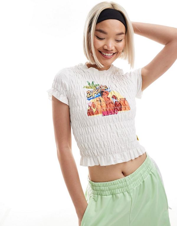 Elsie & Fred ruched crop t-shirt with retro beach graphic-White