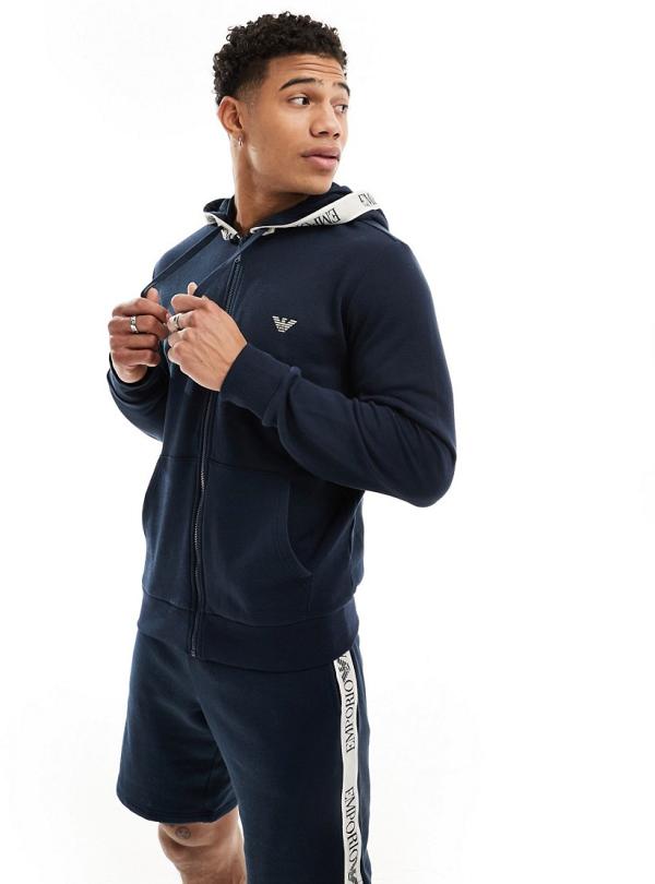 Emporio Armani Bodywear zip through hoodie in navy with logo taping