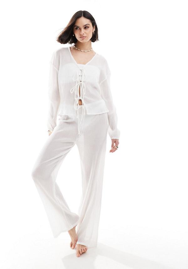 Esmee beach drawstring textured sheer pants in white (part of a set)