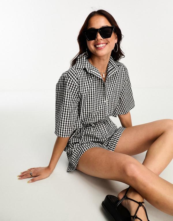 Esmee Exclusive beach playsuit in black and white gingham-Multi