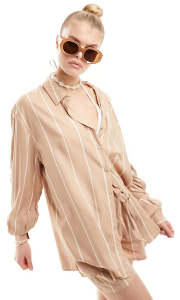 Esmee long sleeve oversized stripe beach shirt in beige and white (part of a set)-Multi