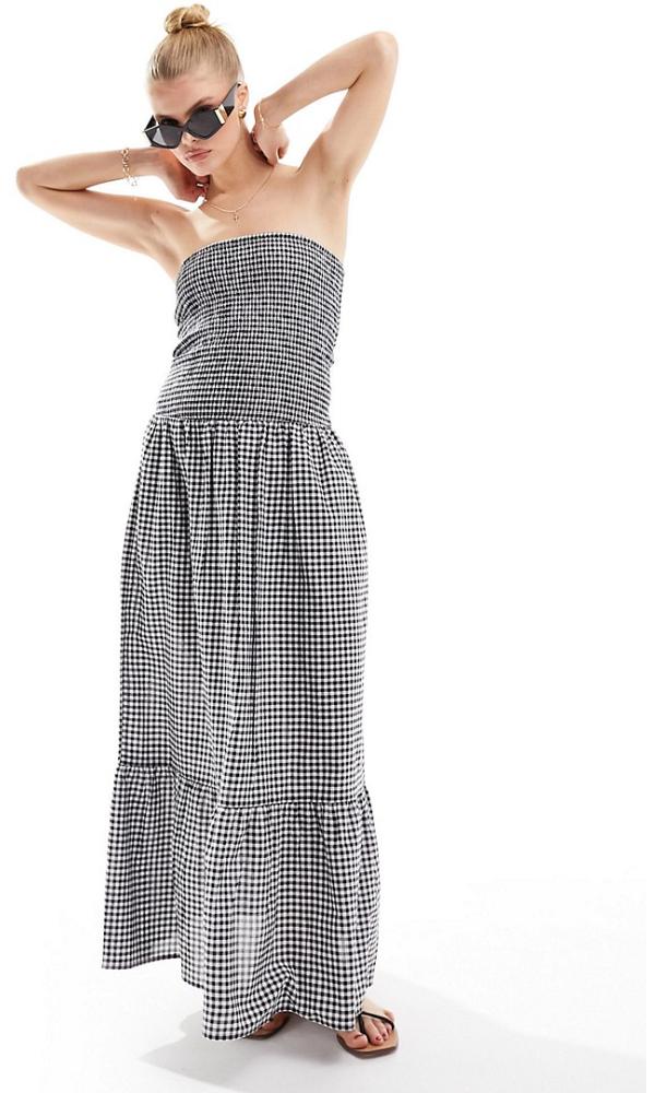 Esmee ruched bandeau maxi gingham beach dress in black and white-Multi