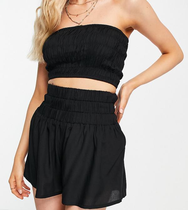 Esmée Exclusive shirred beach shorts in black (Part of a set)