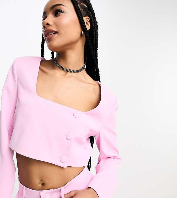 Extro & Vert Petite square neck crop top in baby pink (part of a set)