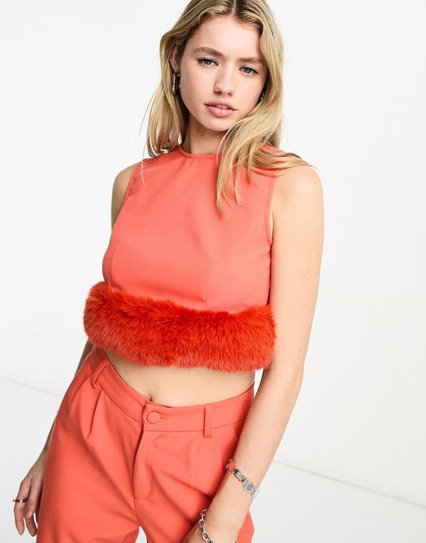 Extro & Vert sleeveless crop top with faux feather hem in orange (part of a set)