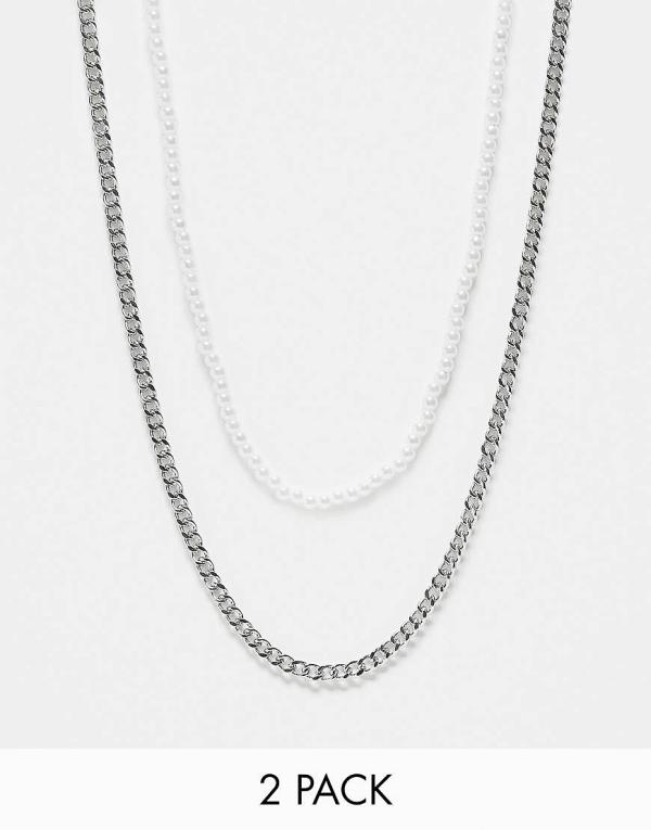 Faded Future 2 pack pearl and chain necklaces in silver