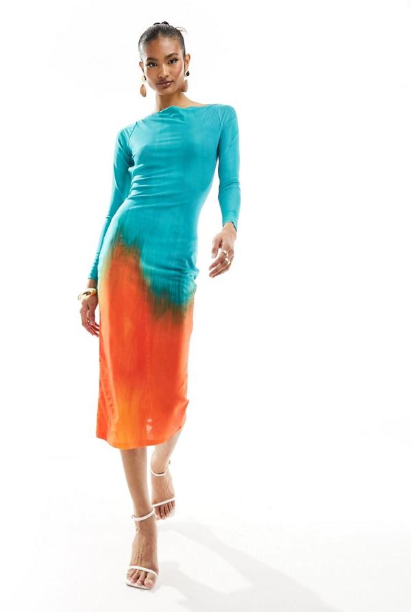 Farai London Alamea mesh backless long sleeve bodycon midi dress in blue and orange ombre-Multi