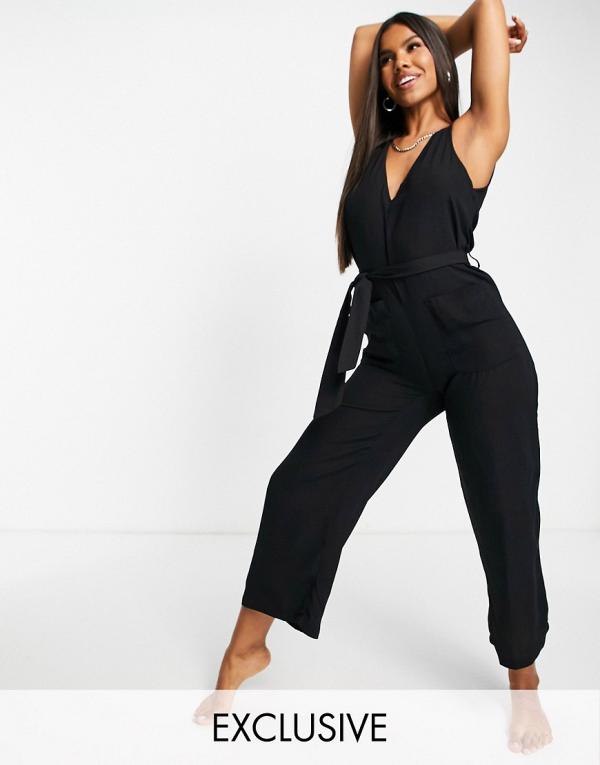 Fashion Union Exclusive v-neck jumpsuit with pocket detailing in black