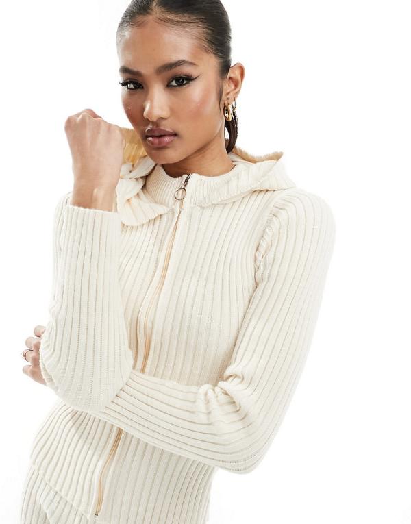 Fashionkilla knitted zip through hoodie jumper in cream (part of a set)-White
