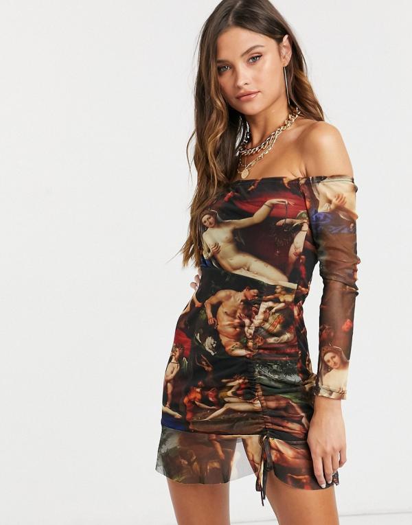Femme Luxe off-the-shoulder long-sleeved mini dress in multi angelic print