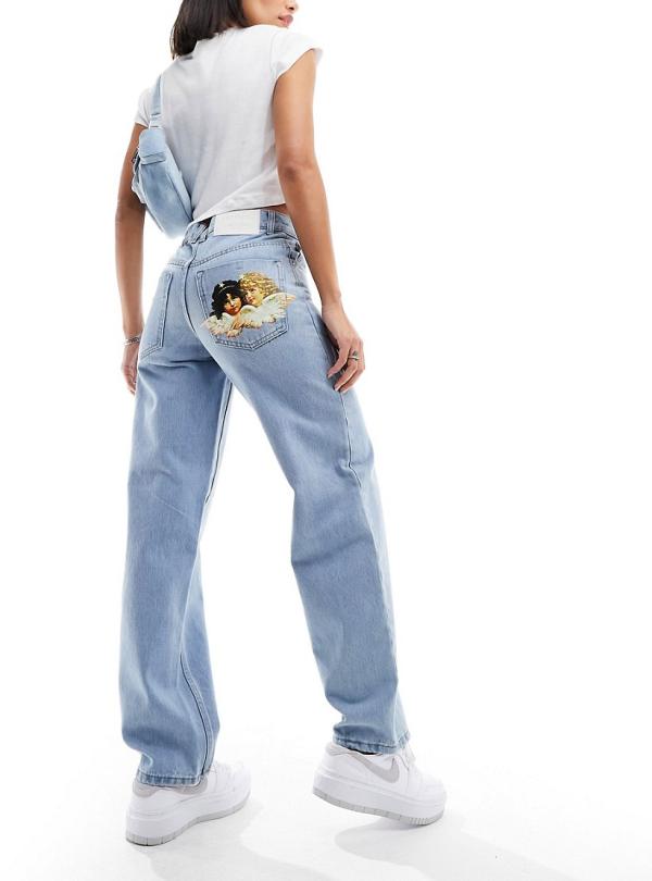Fiorucci high rise straight leg jeans in light vintage wash with angel bum patch-Blue