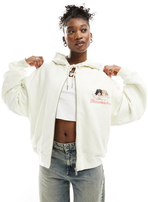 Fiorucci zip up relaxed hoodie with angel logo in cream-White