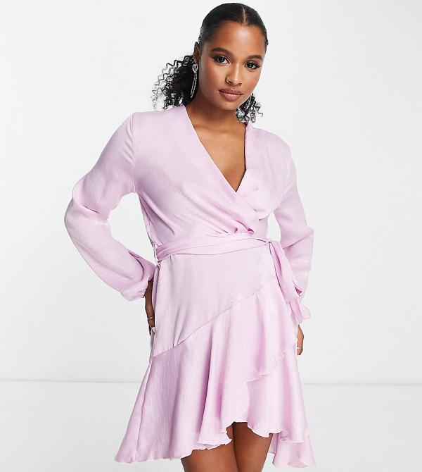 First Distraction The Label Petite satin mini wrap dress in lilac-Purple