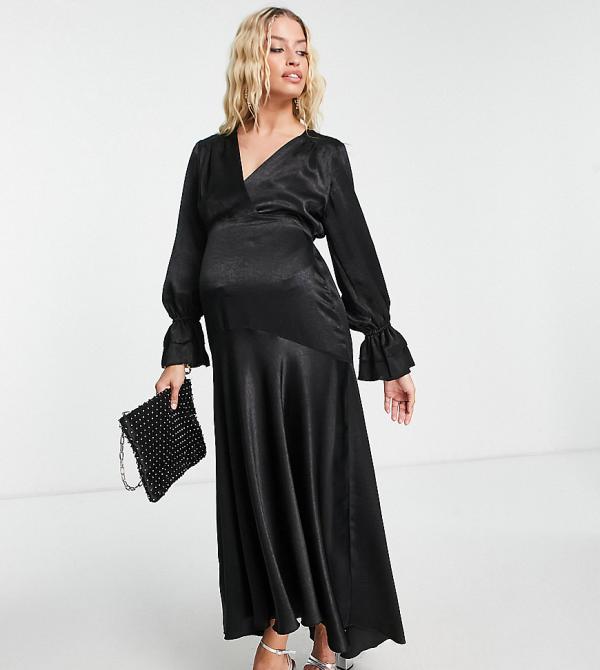 Flounce London Maternity long sleeve midi dress in black satin