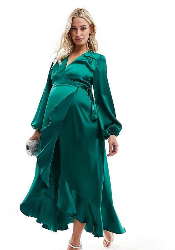 Flounce London Maternity satin wrap dress in emerald green