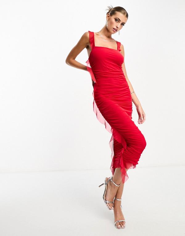 Flounce London mesh square neck midi dress with frill detail in red