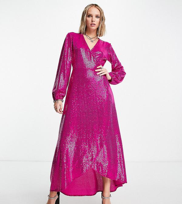 Flounce London Petite long sleeve wrap maxi dress in fuchsia metallic sparkle-Pink