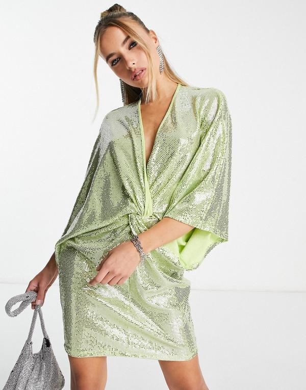 Flounce London plunge front mini dress with drop sleeves in lime metallic sparkle-Green