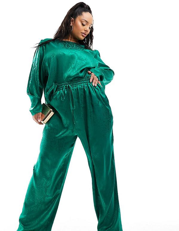 Flounce London Plus satin floaty pants in emerald green (part of a set)