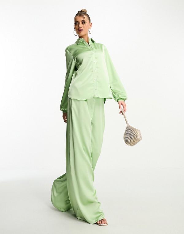 Flounce London satin palazzo pants in light khaki (part of a set)-Green