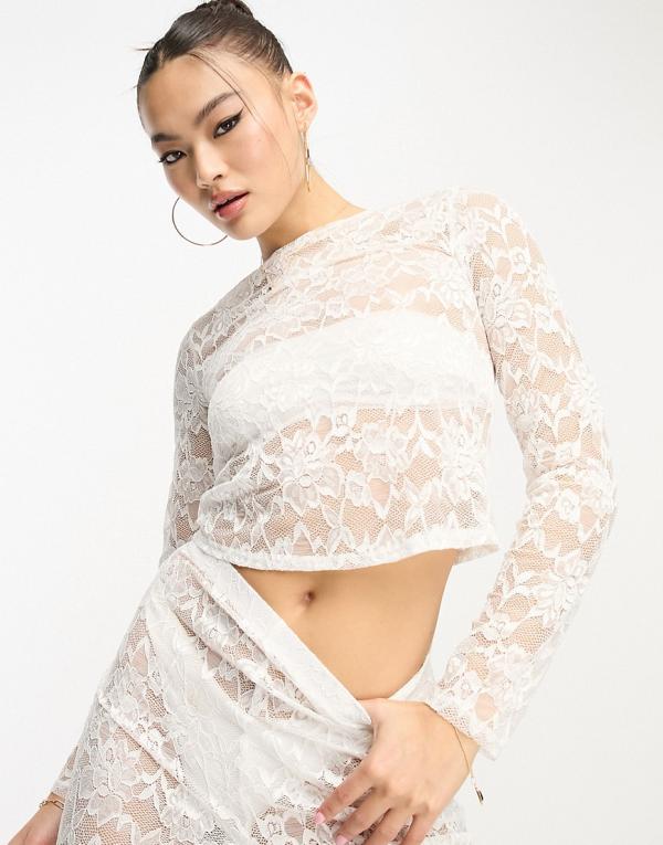 Flounce London sheer lace top in white (part of a set)