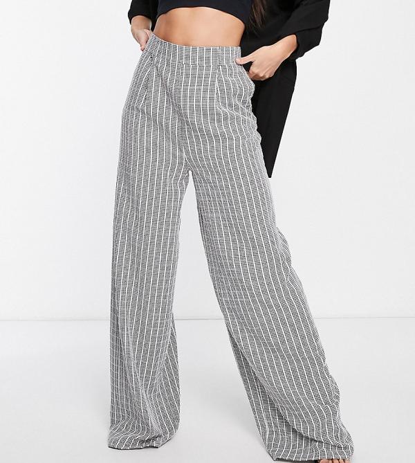 Flounce London Tall satin high waist wide leg pants in black and white check
