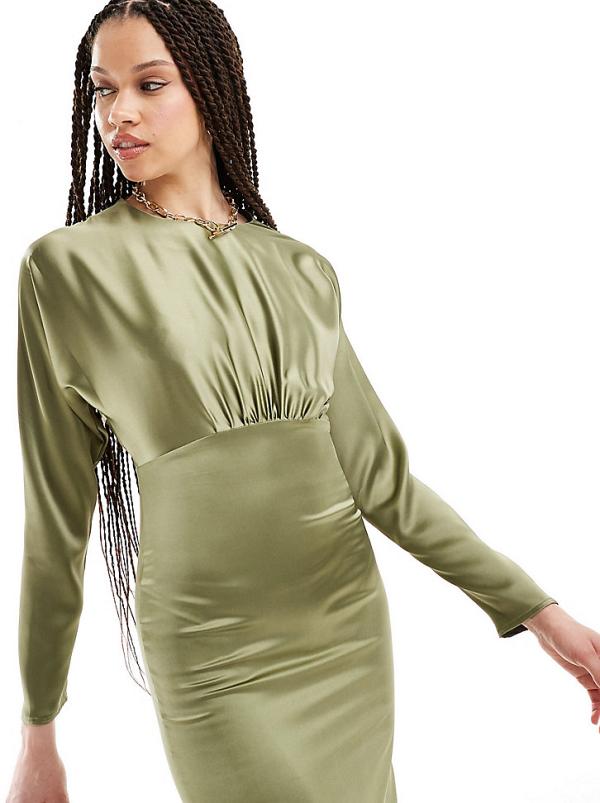 Flounce London Tall satin maxi dress with kimono sleeve in olive-Green