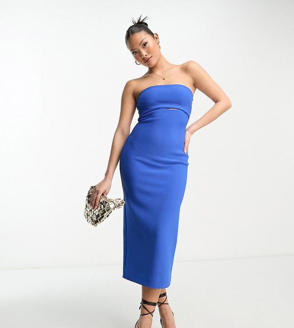 Forever New Petite bandeau maxi dress with cut out in blue