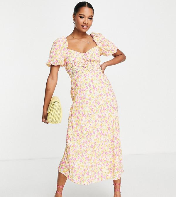 Forever New Petite bow back shirred midi dress in vibrant floral-Multi