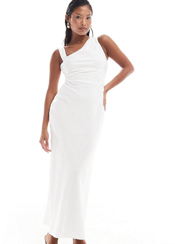 Forever New Petite linen asymmetrical midi dress in white