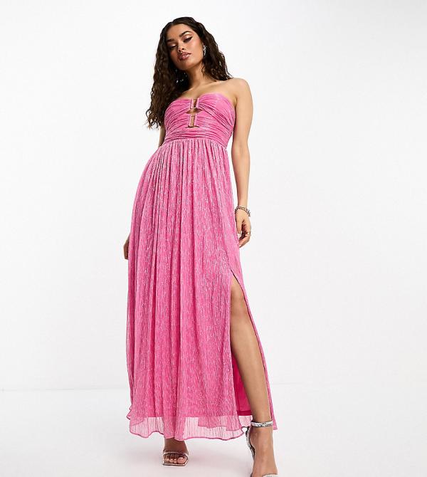 Forever New Petite strapless bust detail plisse maxi dress in pink