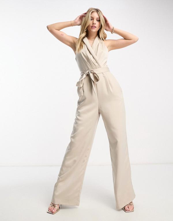 Forever New sleeveless jumpsuit with belt in stone-Grey