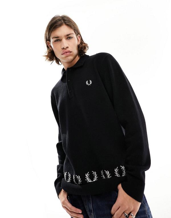 Fred Perry knitted long sleeve polo in black